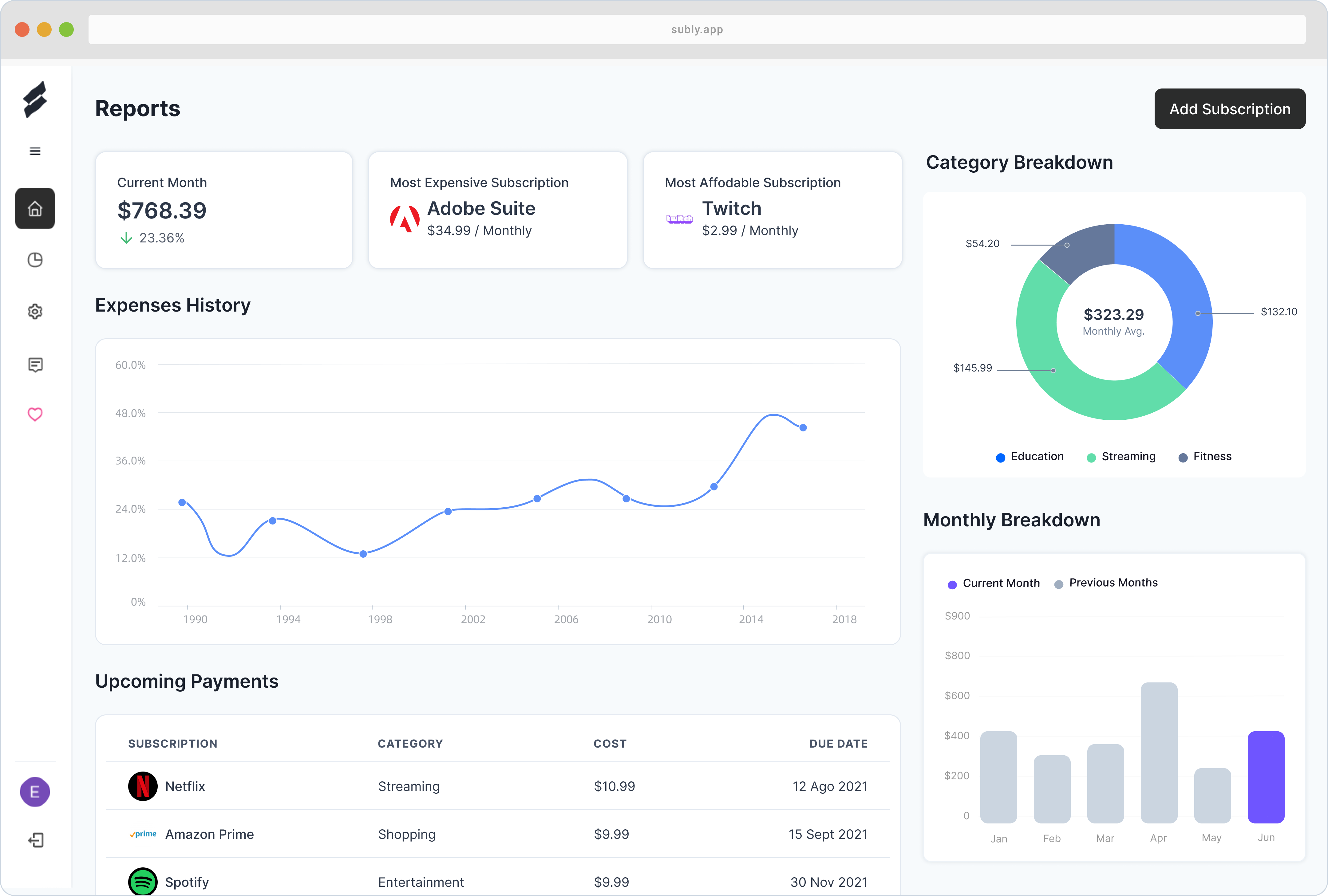 Screenshot of Subly UI